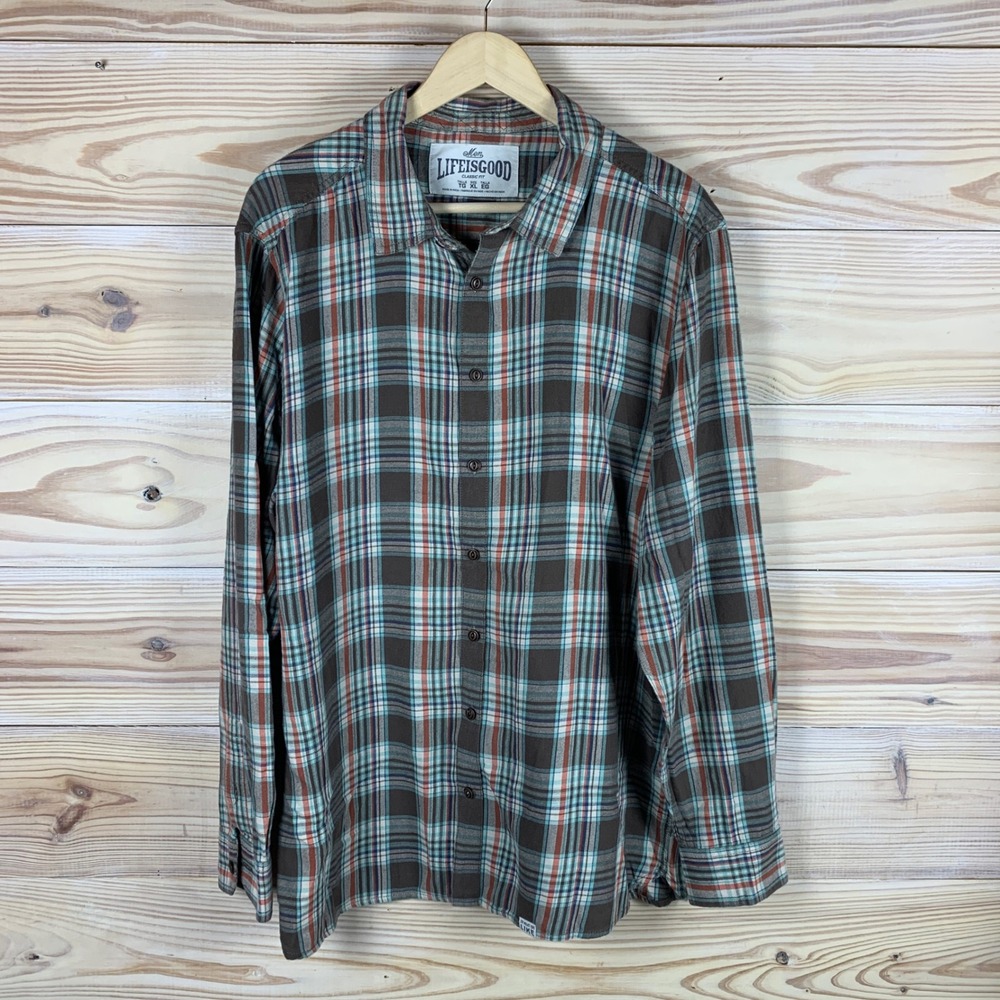 Life is Good Shirt Mens XL Brown Plaid Classic Fit Cotton Long Sleeve Button Up